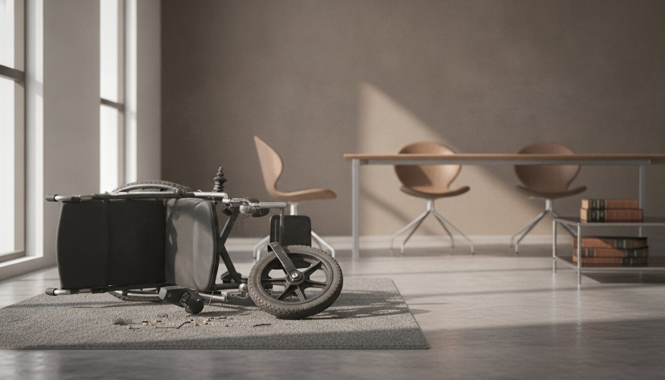 Cadeira de rodas motorizada com uma das rodas soltas caída sobre o piso de uma sala.