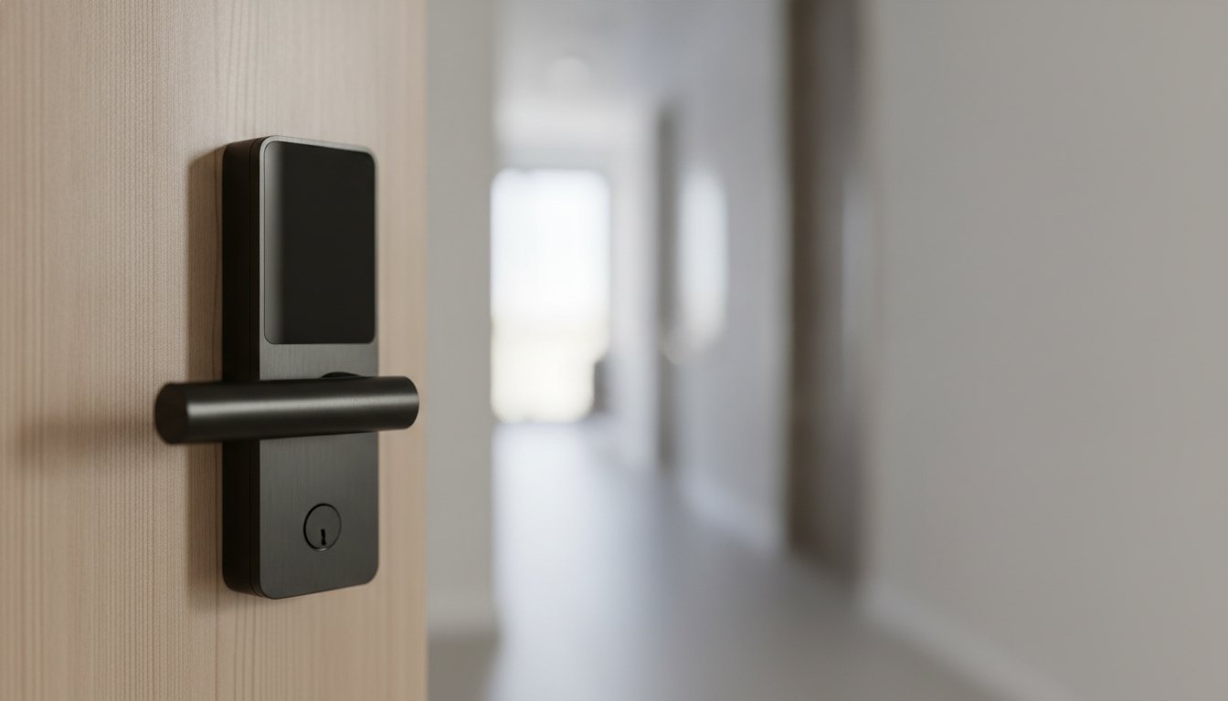 Fechadura digital preta instalada em porta de madeira clara com painel numérico apagado.