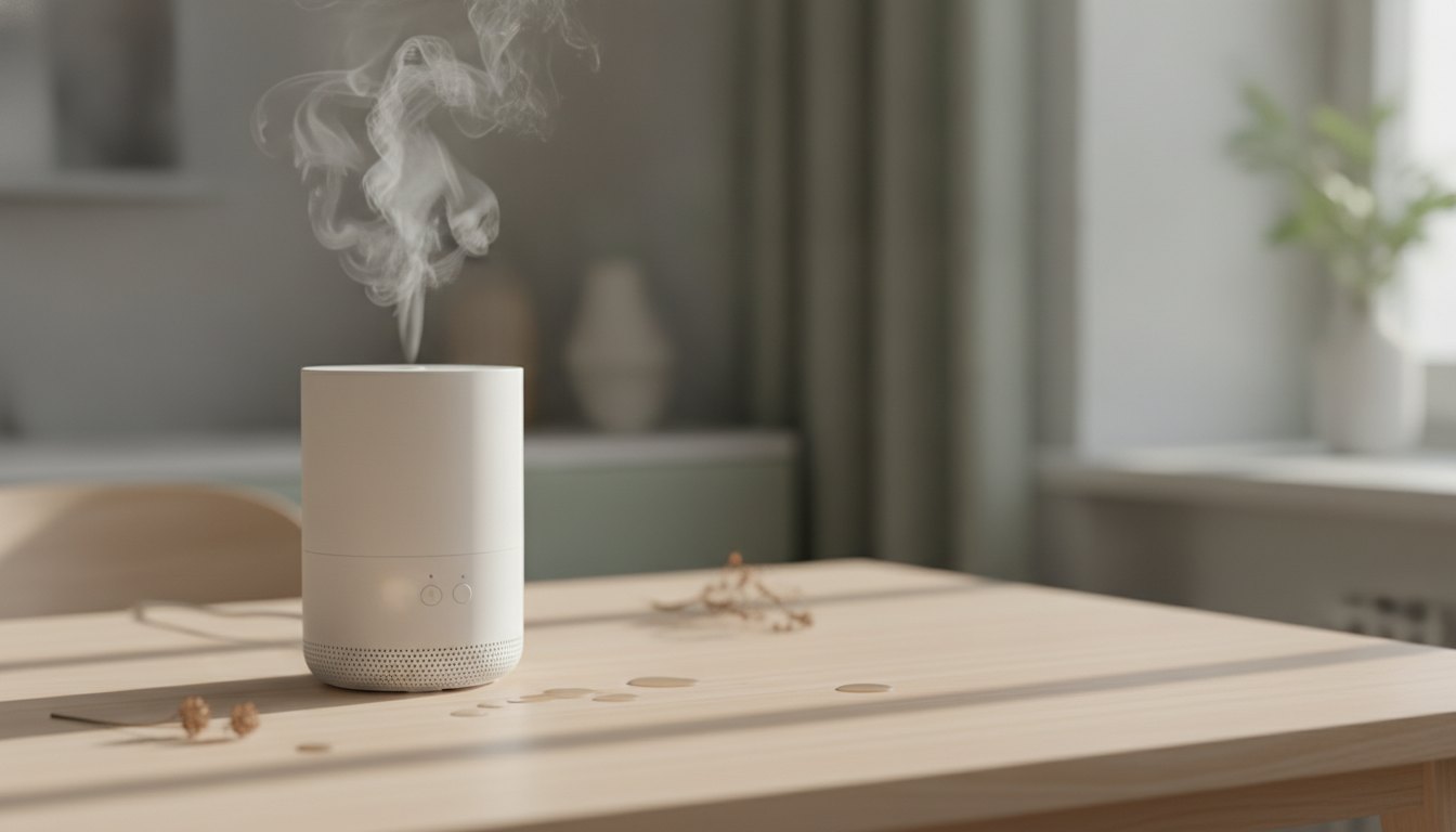 Aparelho branco de formato cilíndrico emitindo névoa fina sobre uma mesa de madeira clara.