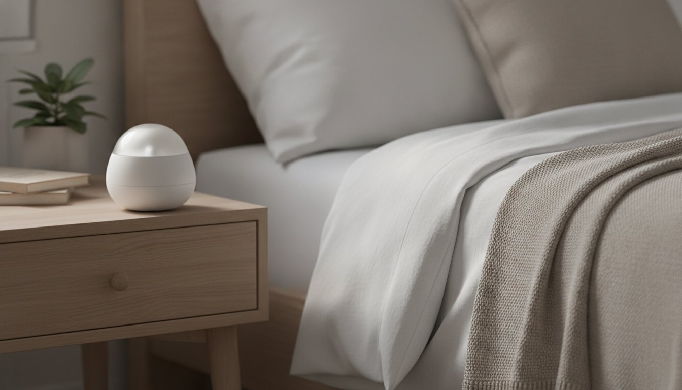 Aparelho pequeno e arredondado sobre uma mesa de cabeceira de madeira ao lado de uma cama.