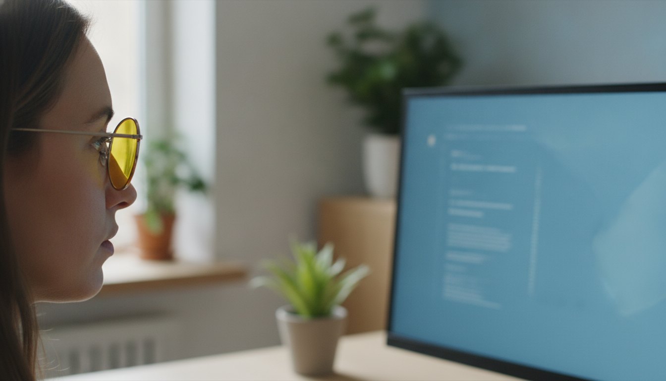 Pessoa de perfil usando óculos de lentes amareladas enquanto olha para um monitor de computador